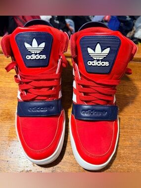 Adidas Red and Navy High-Top Sneakers with White Stripes Men’s Size 9